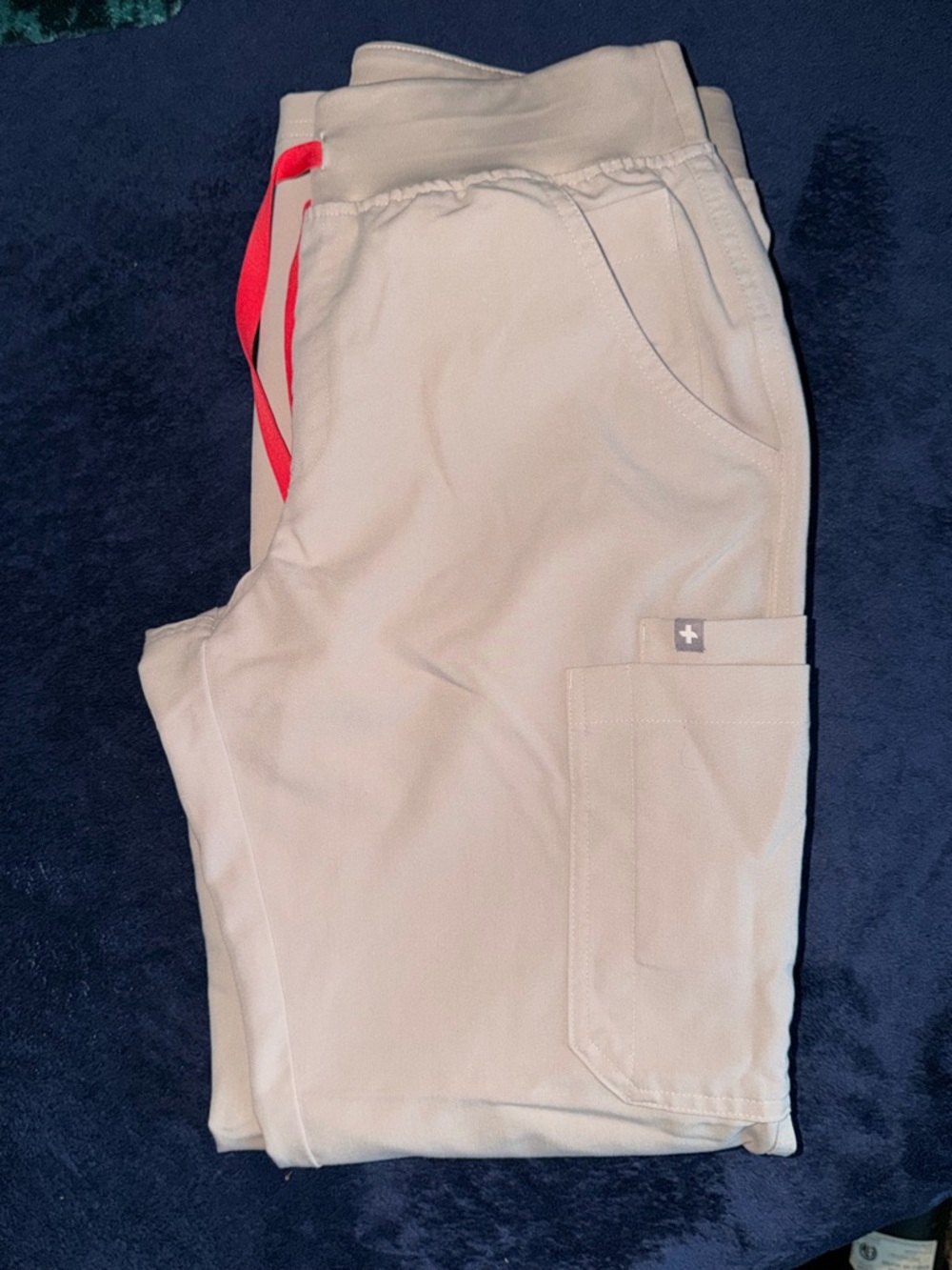 FIGS YOLA YOGA Light Cream Cargo Pocket SCRUB Pants with Pink Drawstring